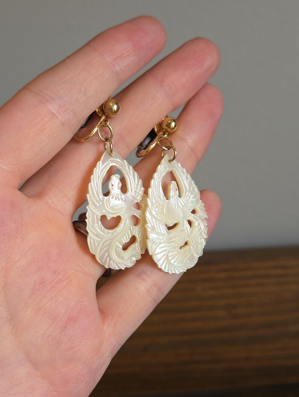 Carved Mother of Pearl Phoenix Bird Clip On Earrings 12k Gold Fill